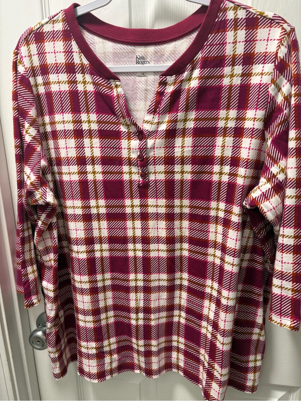 Kim Rogers Burgundy Plaid Henley Long-Sleeve Top